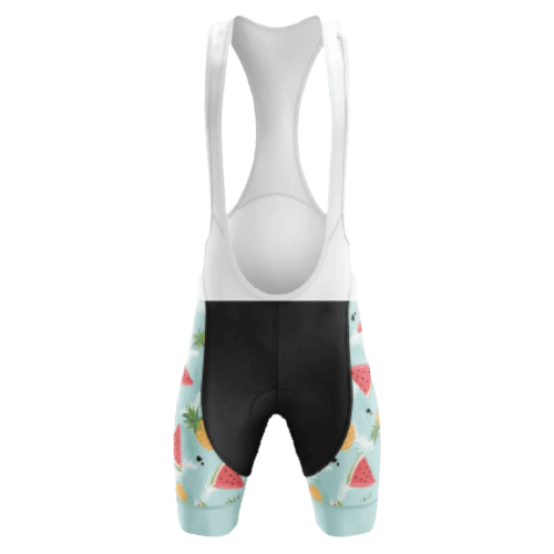 Fun unisex bib shorts featuring watermelon and pineapple designs.