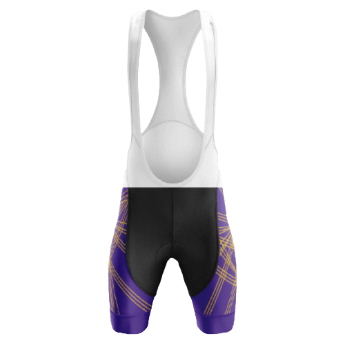 Unisex bib shorts in purple and gold for a regal cycling outfit.