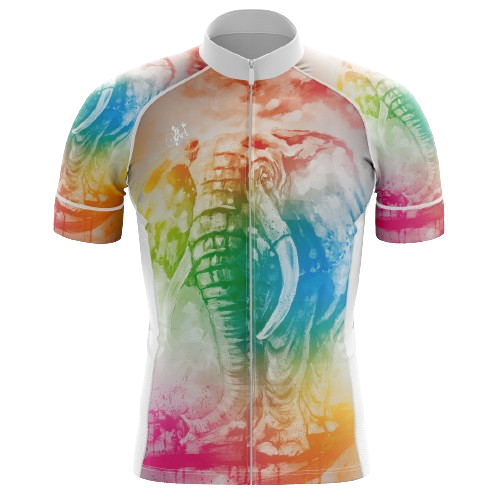 Men's Tie Dye Elephant cycling jersey with a colorful tie-dye elephant design and breathable fabric for a vibrant and comfortable ride.