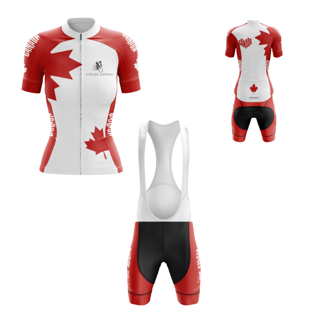 Women's cycling kit showcasing the Canada Love design for patriotic rides.