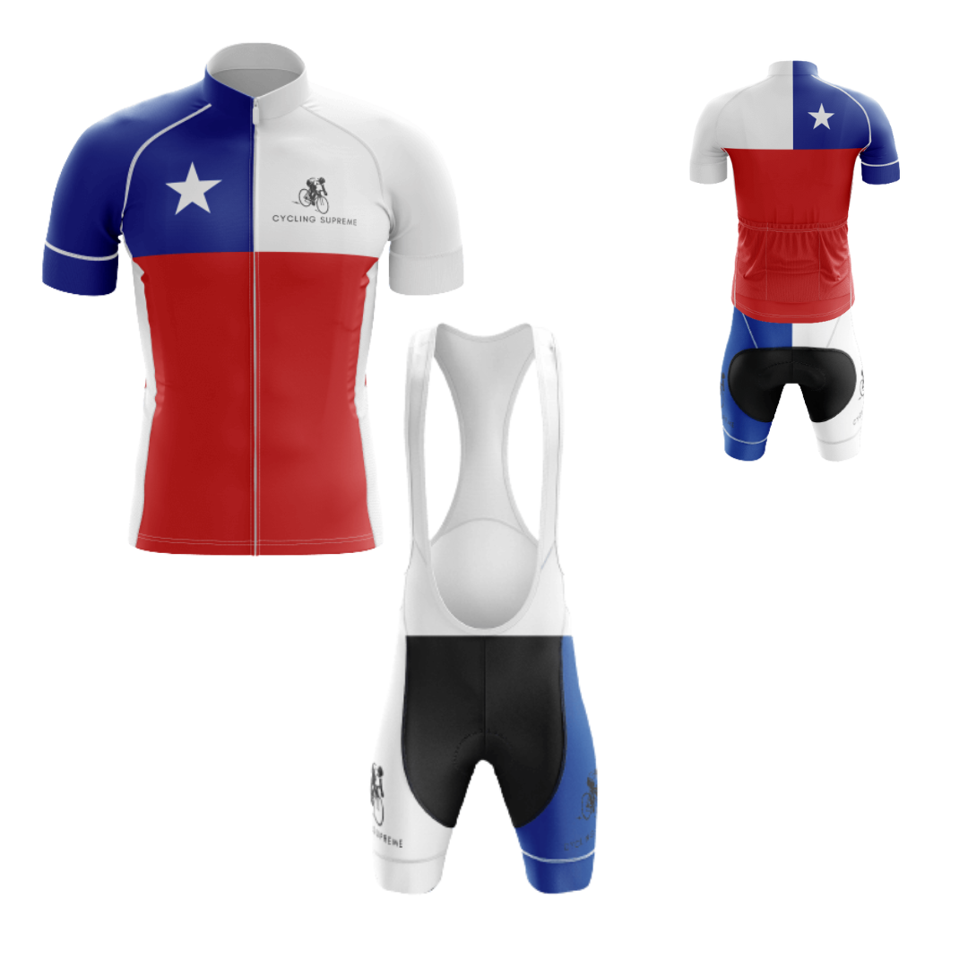 Men's Chile Flag cycling kit with a vibrant Chilean flag design and breathable material for a patriotic and stylish ride.