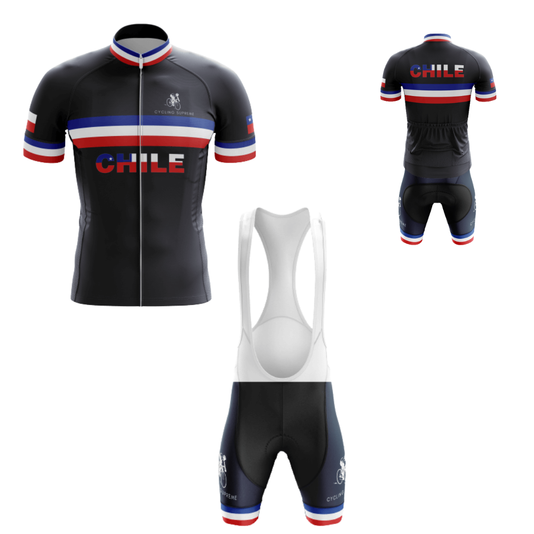 Men's Chile Black Flag cycling kit featuring a sleek black flag design with breathable fabric for a stylish, high-performance ride.