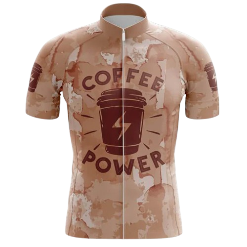 High-performance cycling jersey with a "Coffee Power" theme. Fuel your ride with energy.