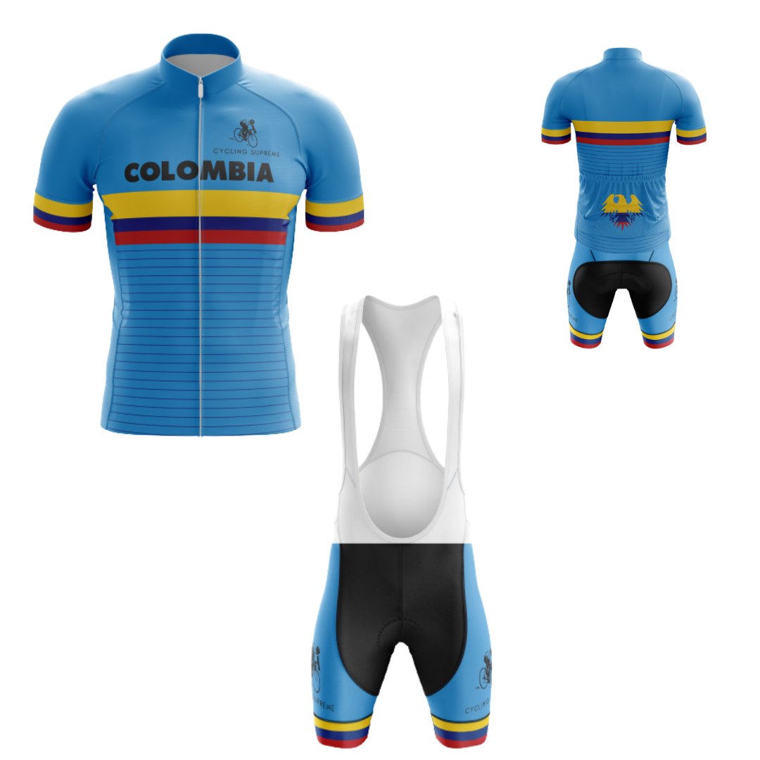 Men's Colombia Flag cycling kit with a bold Colombian flag design and breathable material for a patriotic and comfortable ride.