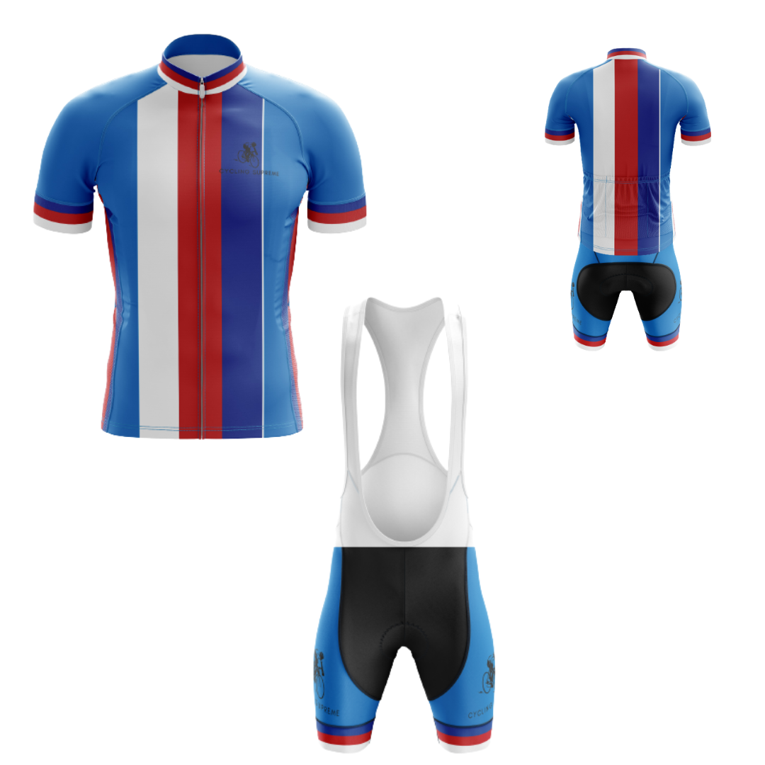 Men's Czech Republic Flag Stripes cycling kit featuring a striped design inspired by the Czech flag and breathable fabric for comfort.