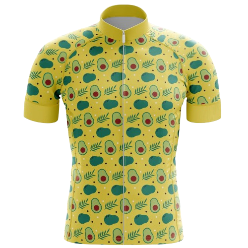 Fun and colorful cycling jersey featuring a trendy avocado print. Ideal for cyclists with a unique style.