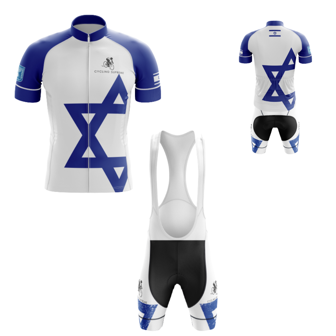 Men's Israel Flag cycling kit with a prominent Israeli flag design and breathable, performance-enhancing fabric.