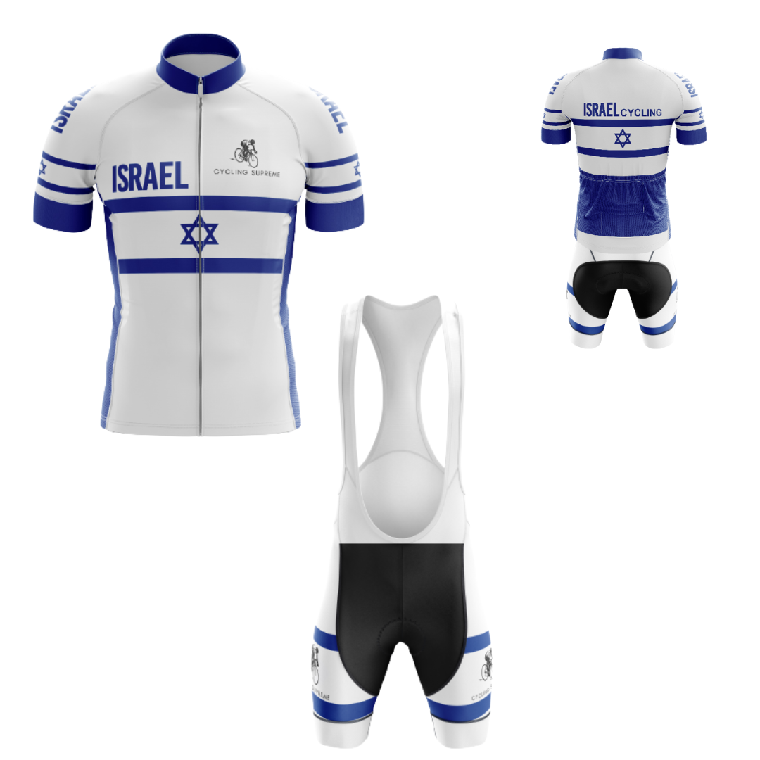 Men's Israel Flag Riders cycling kit showcasing the Israeli flag design with a riders theme and breathable material for comfort.