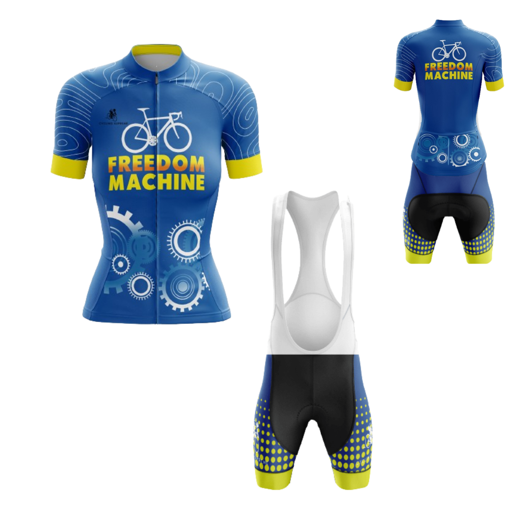 Women's cycling kit featuring the Freedom Machine design for dynamic rides.