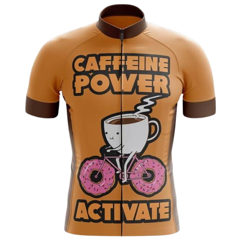 Bold and dynamic cycling jersey for coffee enthusiasts. "Caffeine Power Activate" brings fun to your ride.