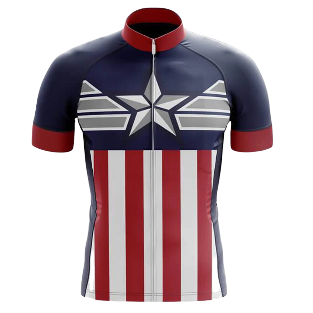 A cycling jersey inspired by the iconic Captain America design.