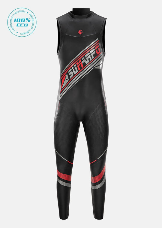 A men's eco-friendly sleeveless triathlon wetsuit with advanced buoyancy and freedom of movement.