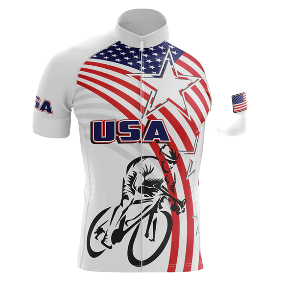 A cycling jersey with a patriotic U.S.A. design.