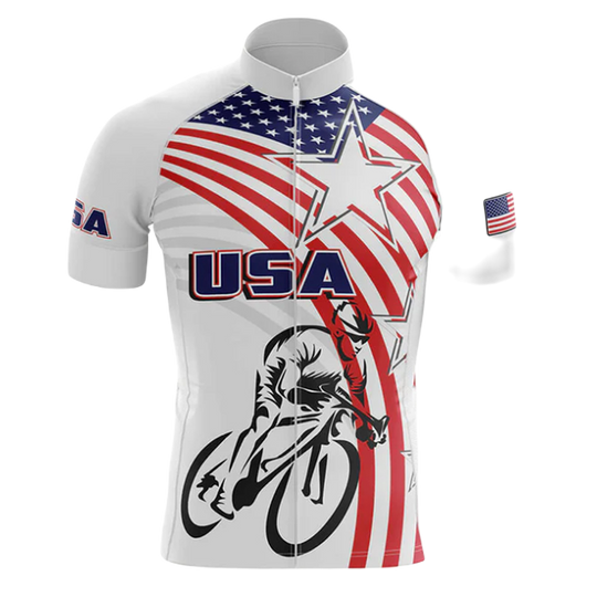 A cycling jersey with a patriotic U.S.A. design.