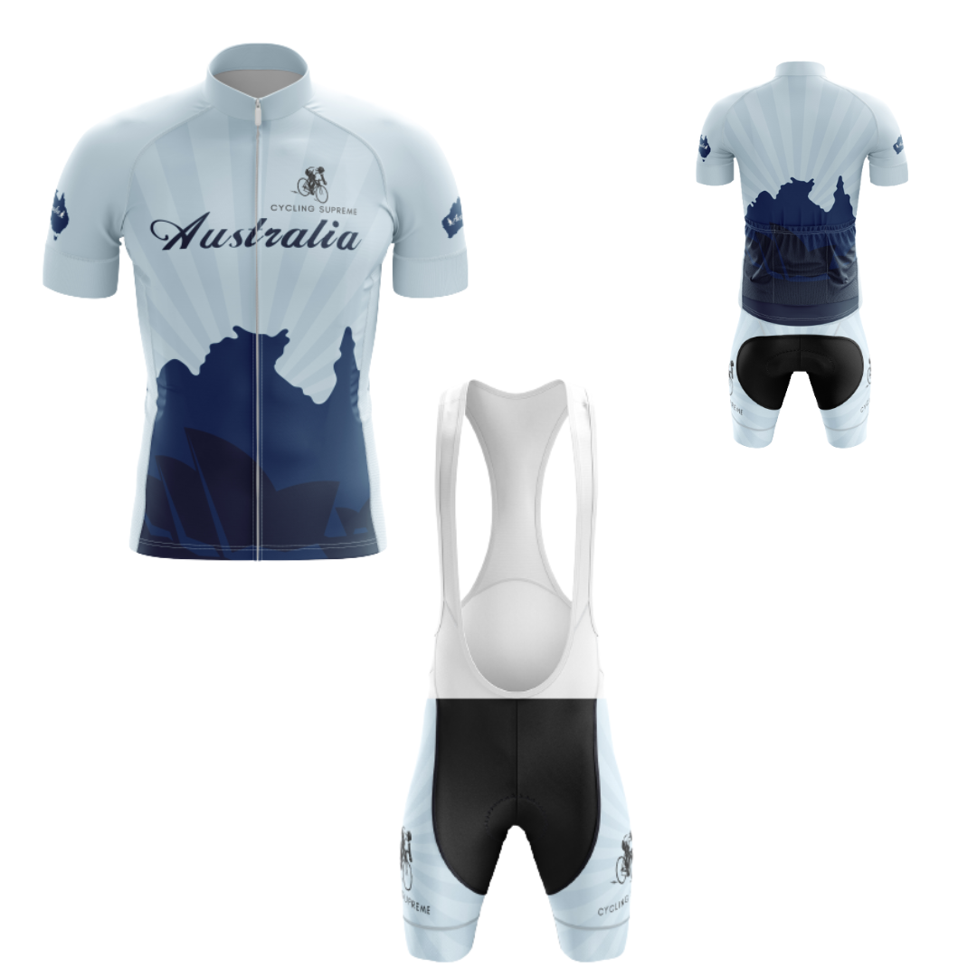 Men's Australia Continent cycling kit showcasing a design inspired by the Australian continent and breathable fabric for peak performance.