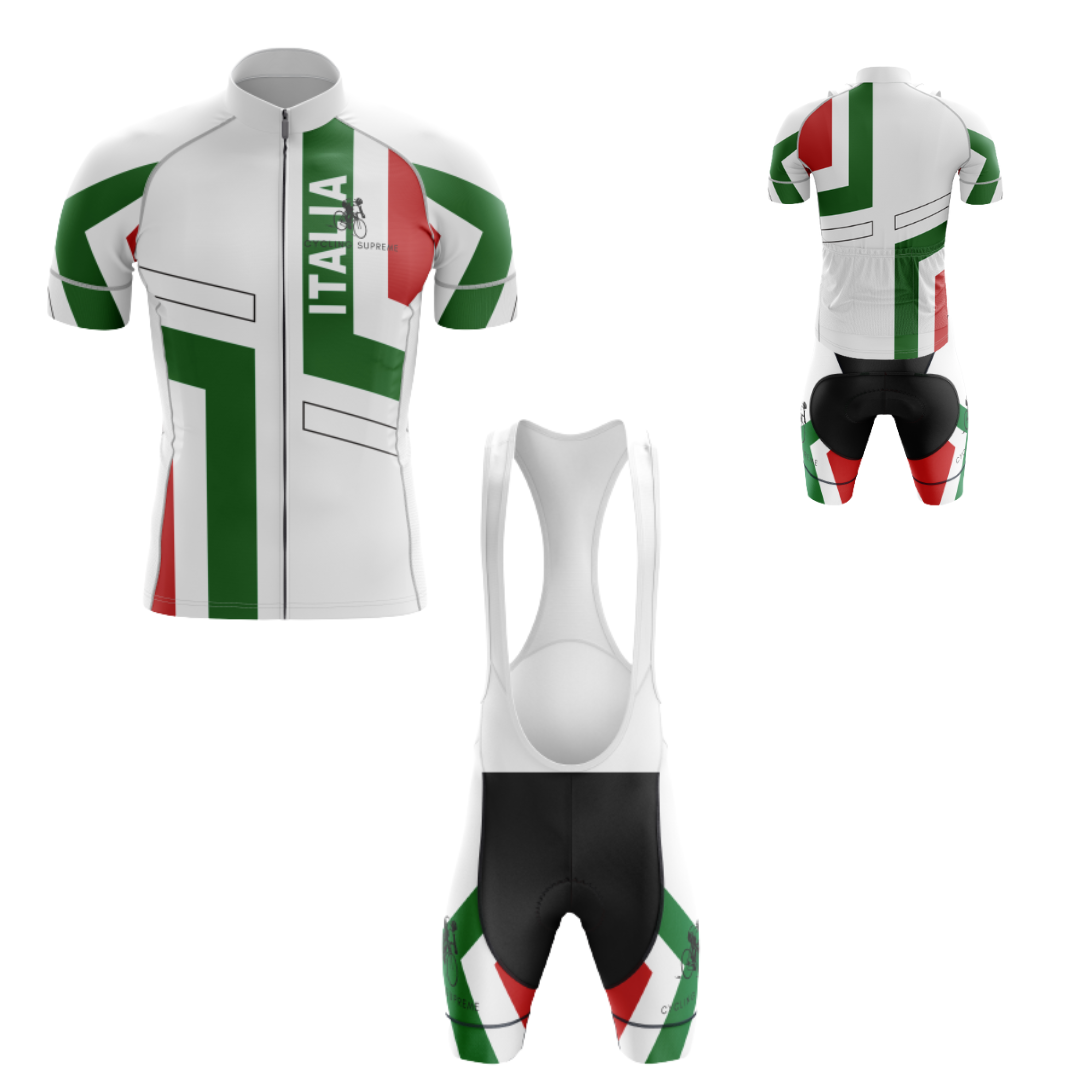 Men's Italy cycling kit with a vibrant Italian design and breathable material for a comfortable and stylish cycling experience.