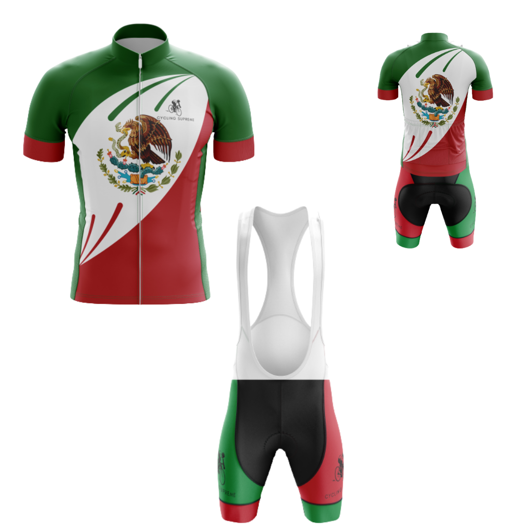 Men's Mexico Flag cycling kit showcasing the Mexican flag design and breathable fabric for a patriotic and comfortable fit.