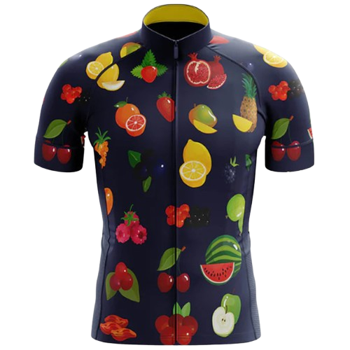 Bright and energetic cycling jersey with a lively fruit punch theme. Adds a burst of color to your ride.