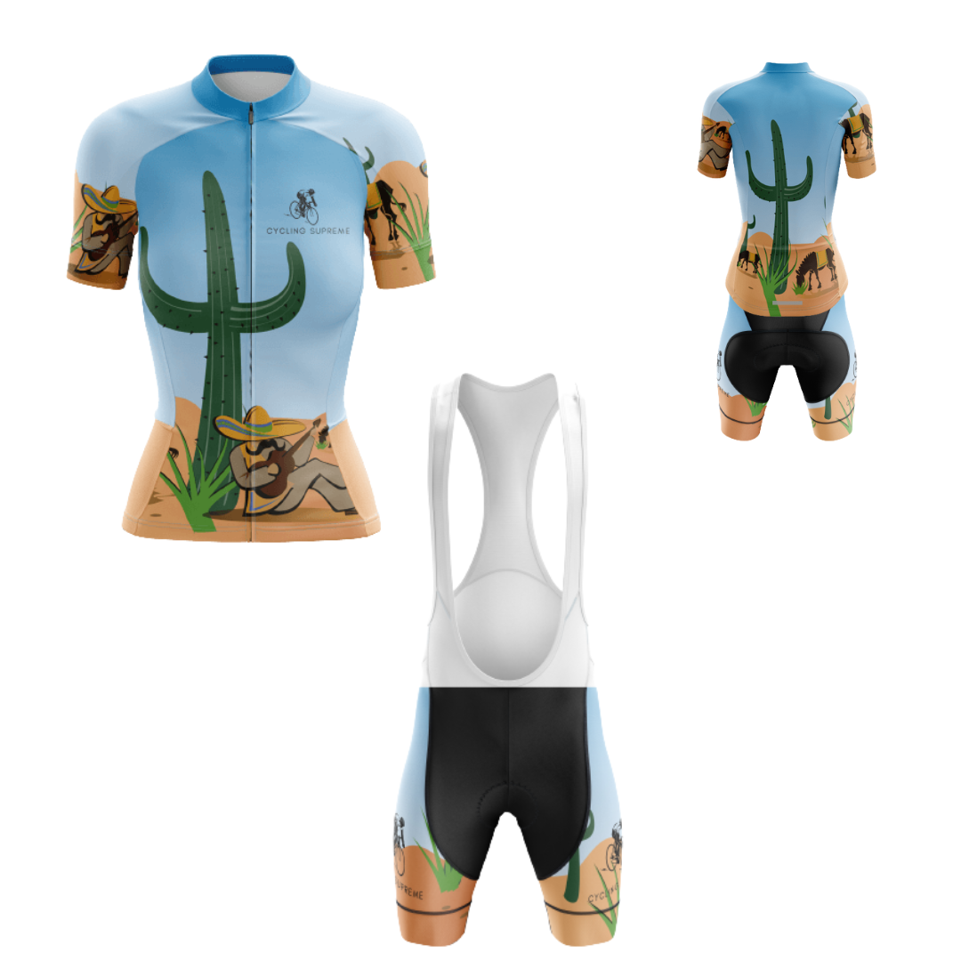 Women's cycling kit featuring a Mexican Desert design for a unique and vibrant look.