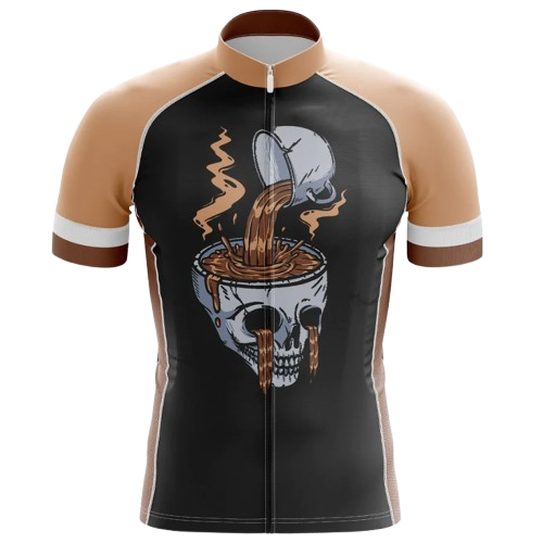 Edgy and stylish cycling jersey featuring a cool coffee skull design. Perfect for bold cyclists.