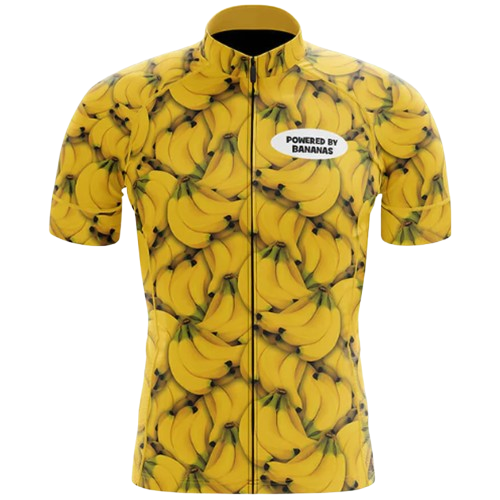 Playful and performance-focused cycling jersey with a "Powered by Bananas" design. Fuel your ride with fun.