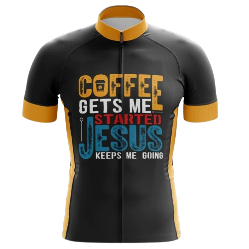 Inspirational cycling jersey with a mix of faith and coffee energy. Ride with purpose.