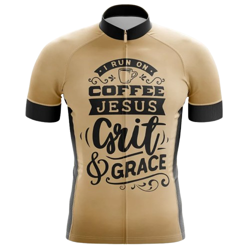 Motivational cycling jersey combining coffee, faith, and determination.