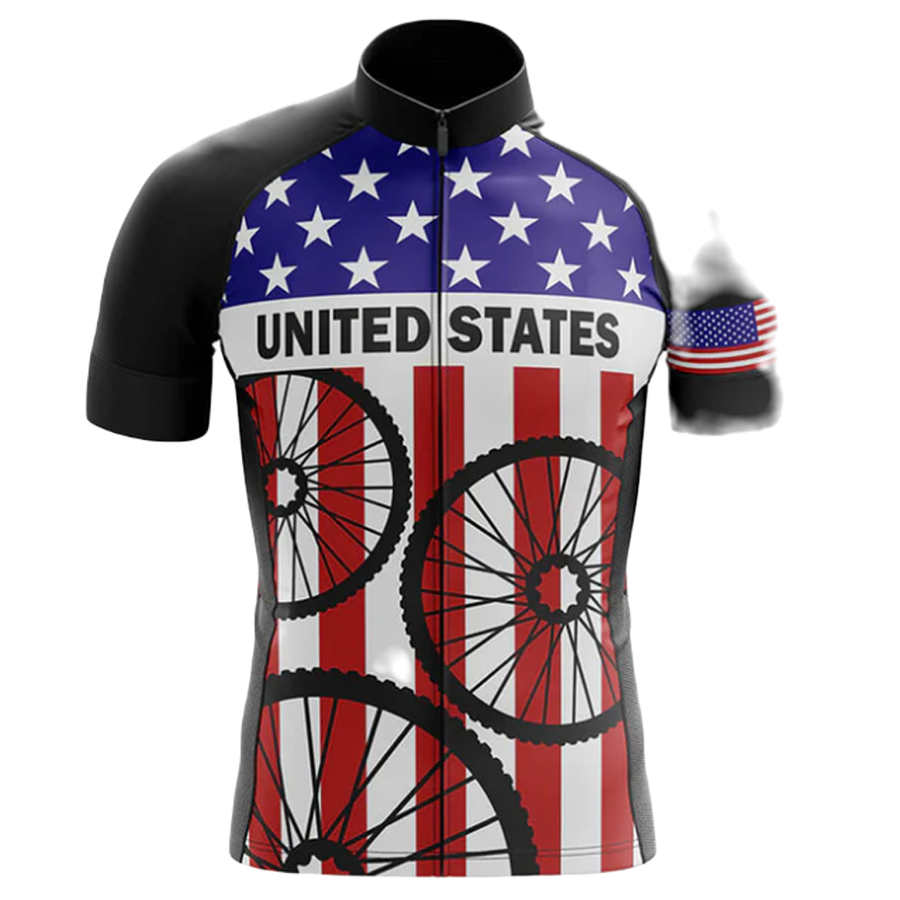 A patriotic cycling jersey featuring the United States design.