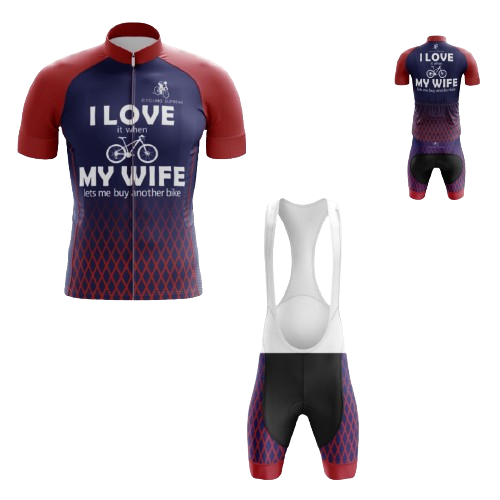 Men's I Love My Wife cycling kit featuring a heartfelt design and breathable fabric for a comfortable and personalized ride | Cycling Supreme