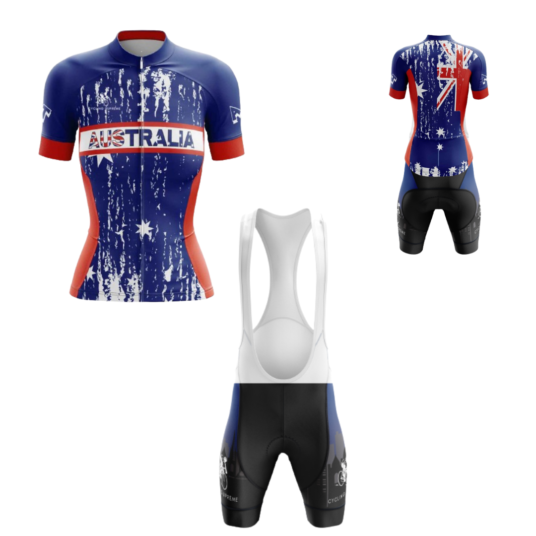 Women's cycling kit with an Australia-themed design for a unique look.