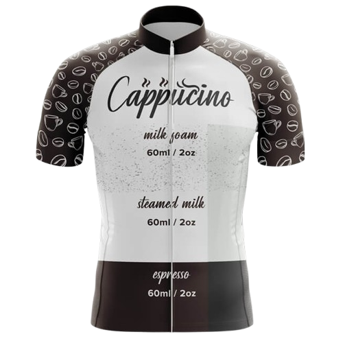 Soft and breathable cycling jersey with a cappuccino-inspired look. Ideal for coffee and cycling lovers.