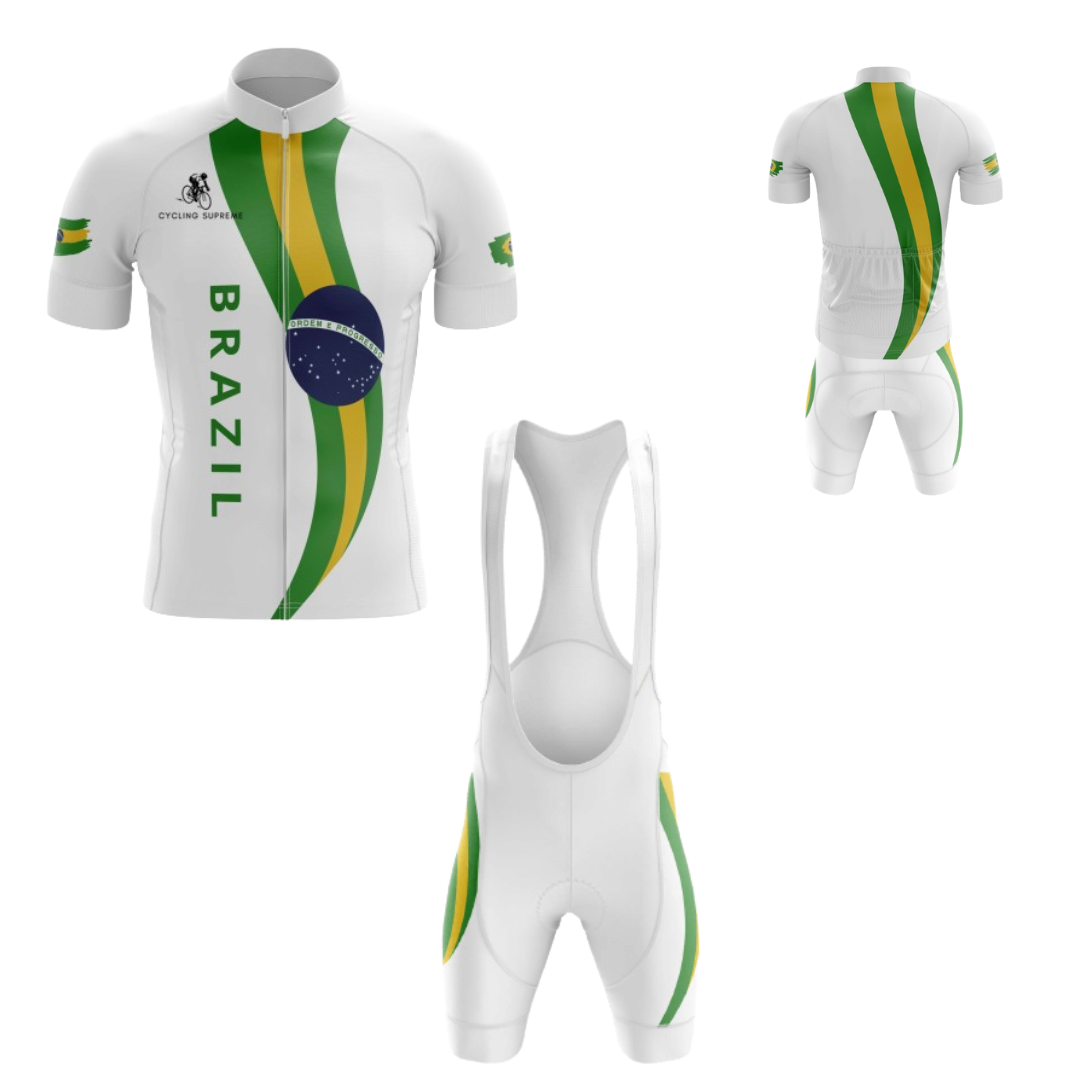 Men's Brazil Flag cycling kit showcasing the Brazilian flag design and breathable fabric for a patriotic and comfortable ride.