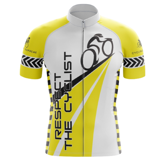 Men's Share the Road cycling jersey featuring a design promoting road safety and breathable fabric for a comfortable ride.