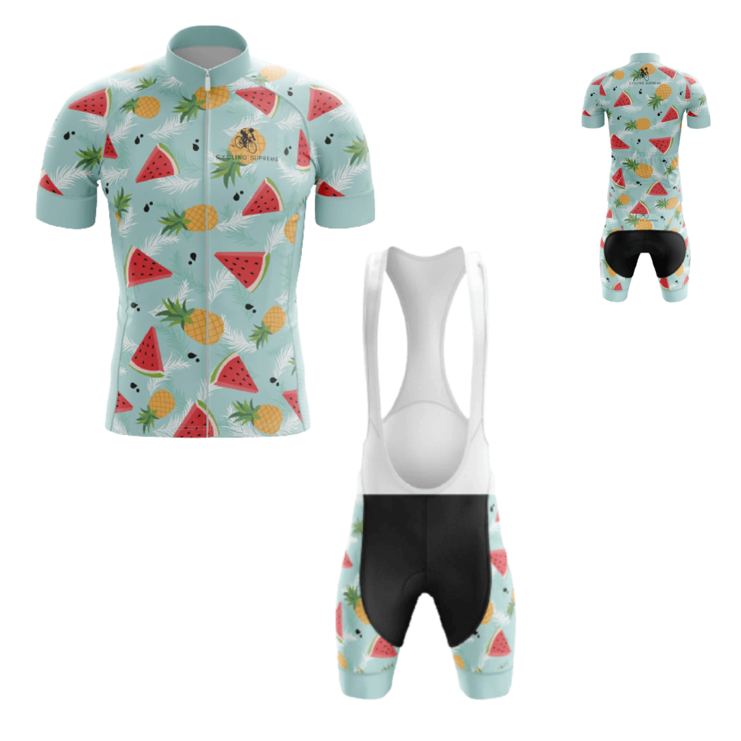 Men's Watermelon/Pineapple cycling kit featuring a vibrant fruit design with breathable fabric for a fun, comfortable ride | Cycling Supreme