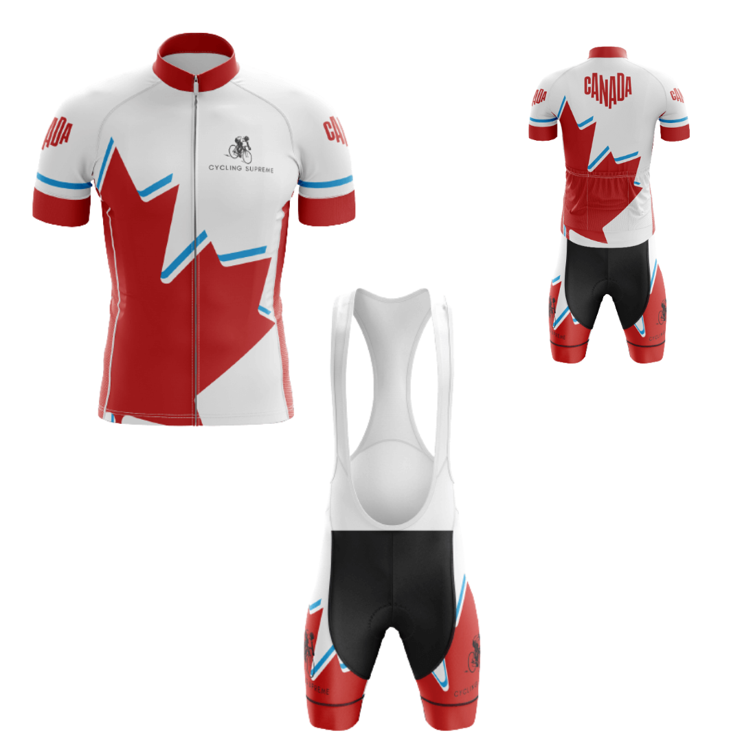 Men's Canada Leaf cycling kit featuring a prominent Canadian leaf design and breathable fabric for a stylish, performance-focused ride.