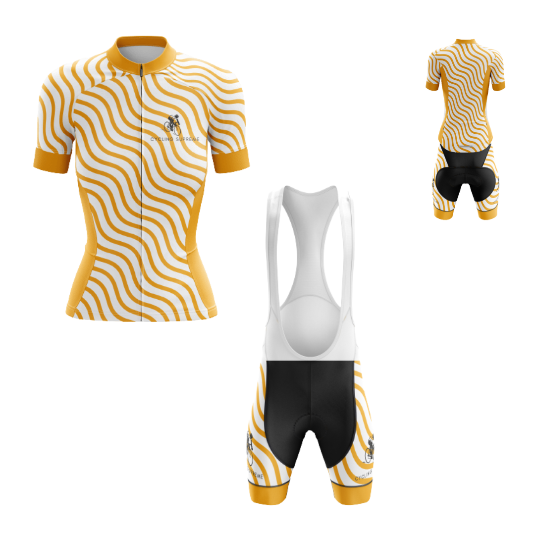 Women's cycling kit featuring a Thanksgiving Orange Wave design for a festive ride.