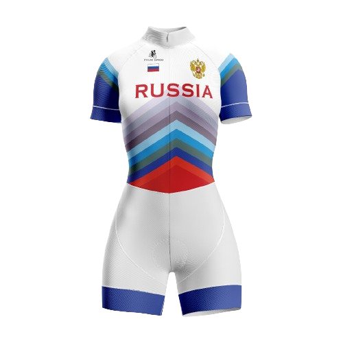 Russia-themed women's triathlon suit for national pride.