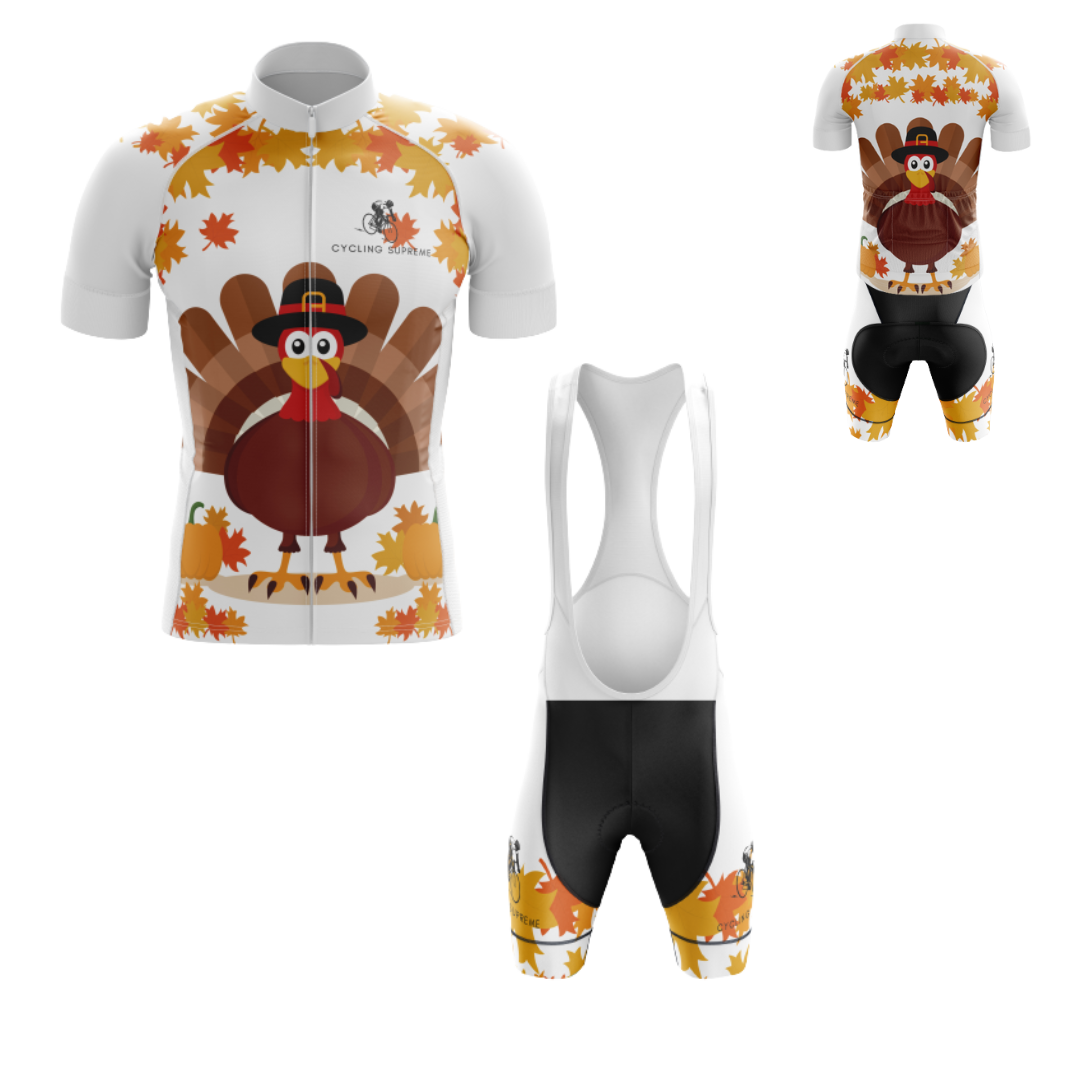 Men's Thanksgiving cycling kit with a festive design and breathable, moisture-wicking fabric for a comfortable and stylish ride.