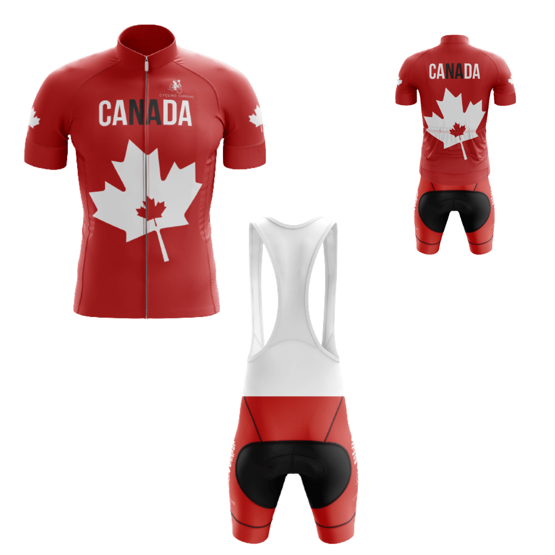 Men's Canada Red/White Leaf cycling kit showcasing a red and white Canadian leaf design and breathable fabric for comfort and style.