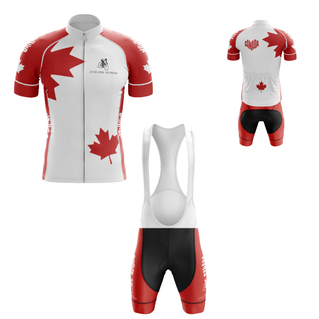 Men's Canada Love cycling kit with a heartwarming design featuring Canadian elements and breathable material for a comfortable fit.