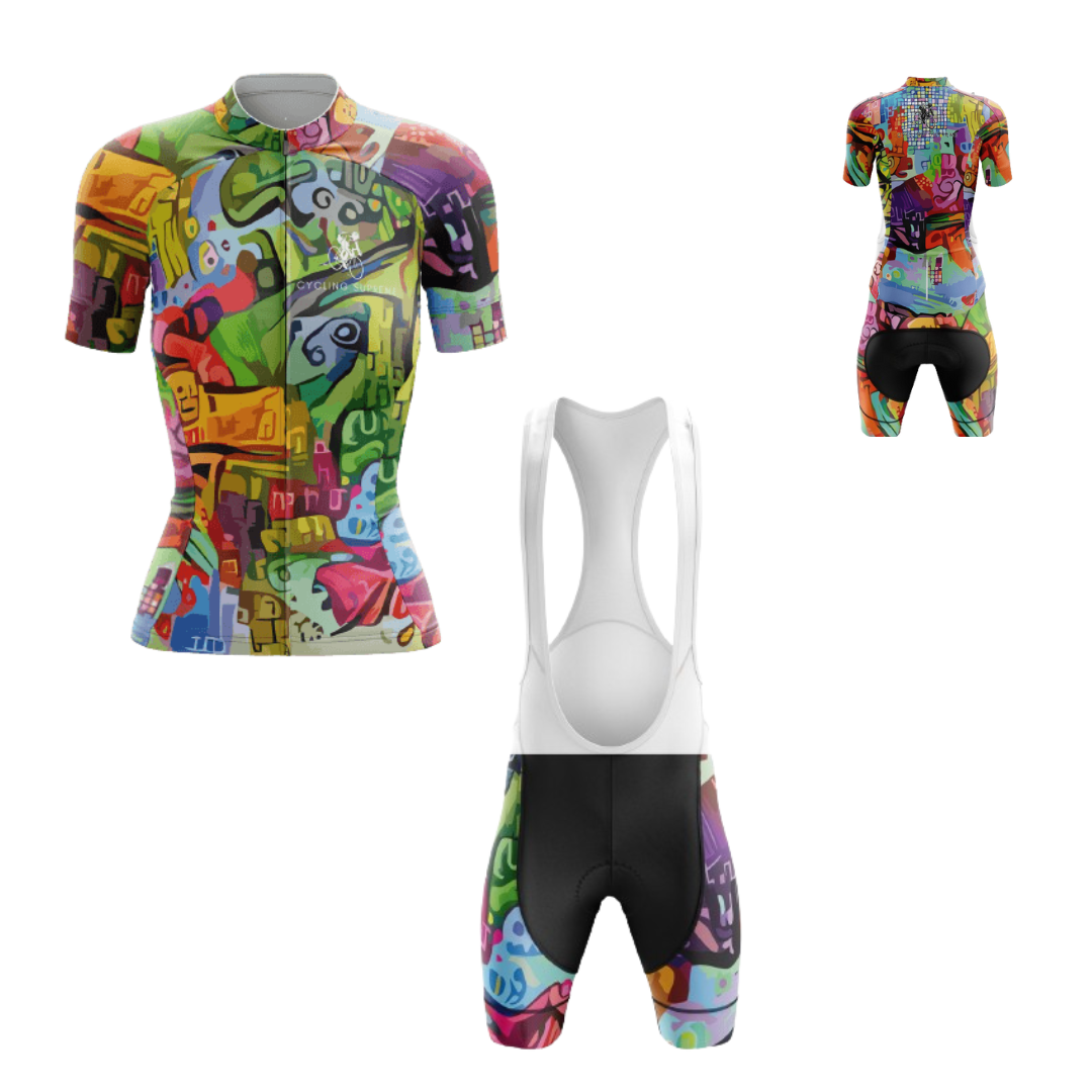 Women's cycling kit featuring a Color Rush design for a vibrant look.