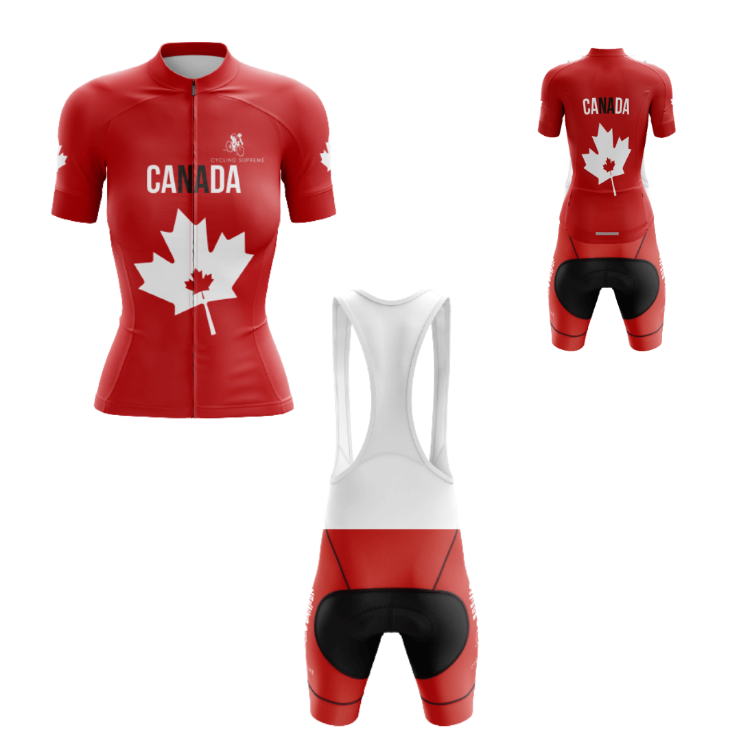 Women's cycling kit with Canada’s red and white leaf design for a striking look.