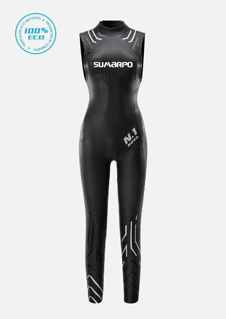 A women's eco-friendly sleeveless triathlon wetsuit offering flexibility and durability.