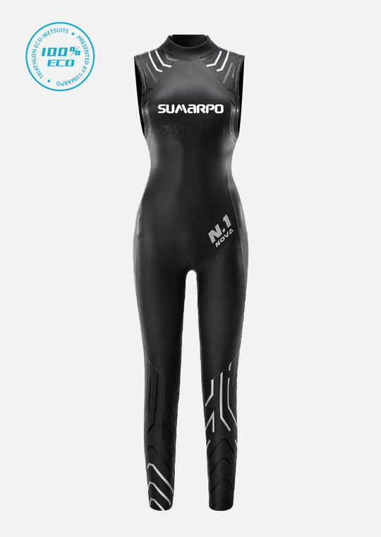 A women's eco-friendly sleeveless triathlon wetsuit offering flexibility and durability.