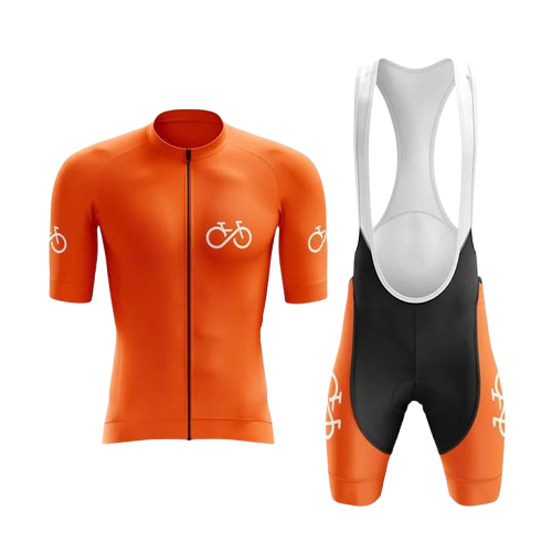 Energetic and vibrant orange cycling kit, perfect for adventurous riders.