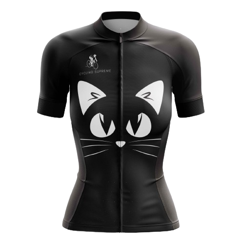 Women's cycling jersey featuring a black cat design.