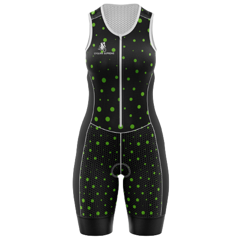 Sleeveless polka dot design women's triathlon suit.