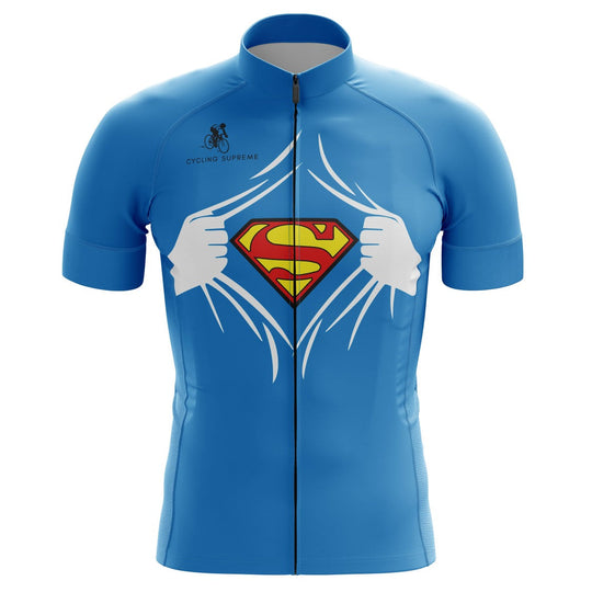 Blue Superman men's cycling jersey, superhero design