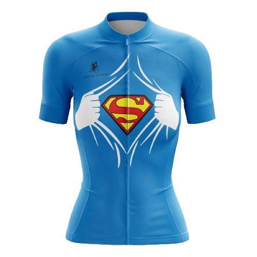 Women's cycling jersey with blue Superman logo.