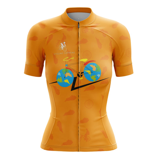 Women's cycling jersey showcasing world landmarks.